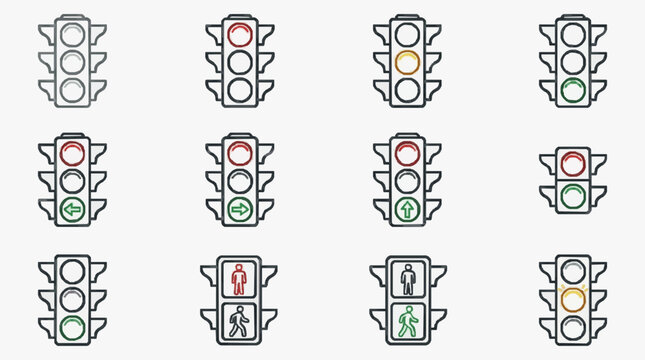 Modern Traffic Light Signal Icons Showing Various Vehicle and Pedestrian Light Combinations with high quality professional line art symbols for modern creative design and digital branding projects