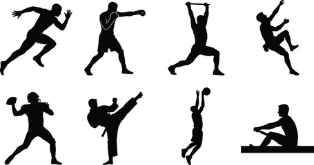 Athletic male sports silhouettes set featuring running boxing rock climbing karate basketball football and rowing action vectors © RAFIQUL