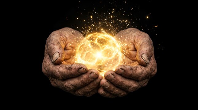Golden light energy sphere held in wrinkled human hands against black background