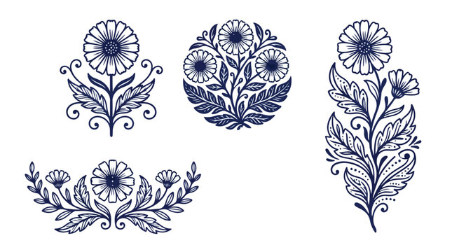 Vintage blue floral ornaments set, traditional folk art flower illustrations, decorative botanical vector elements for wedding invitations and branding