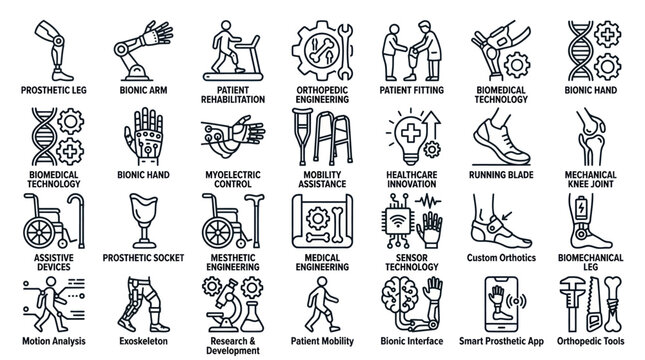 Biomedical engineering, bionic prosthetics, and mobility outline icons.