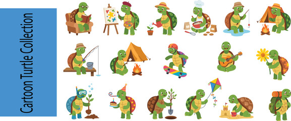 Obraz premium Cartoon Turtle Character Collection with Cute Hobby Activity Poses and Lifestyle Vector SetCartoon Turtle Character Collection with Cute Hobby Activity Poses and Lifestyle Vector Set