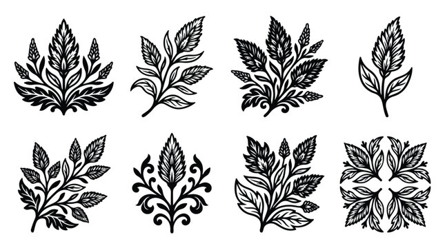 Vintage hand drawn floral ornaments set, black ink botanical leaf illustrations, 8 decorative paisley flower vector elements for wedding invitations