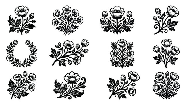 Vintage floral woodcut icons, set of 12 black and white botanical vector illustrations, rustic hand drawn flower motifs for wedding stationery and branding
