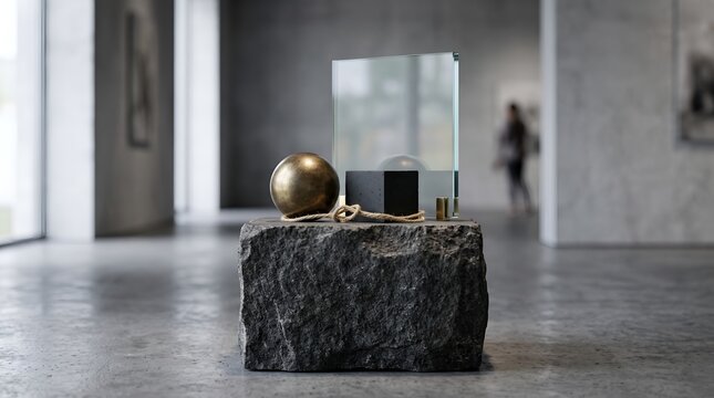 Modern minimalist art installation featuring geometric shapes on a rough stone pedestal in a contemporary museum gallery