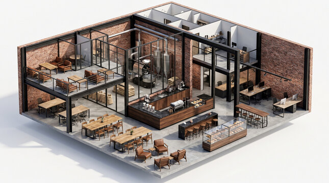 Isometric cross section of modern industrial coffee roastery and coworking office space, 3D render illustration