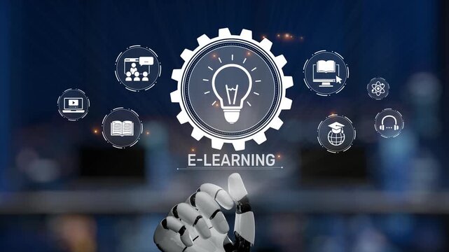 A creative representation of e-learning featuring a robotic hand and various digital icons symbolizing knowledge sharing and modern educational tools in an online environment. Synapse