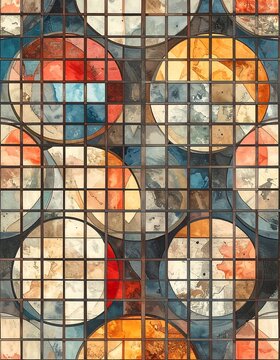 Abstract, geometric artwork composed of interconnected circles, segmented by a grid. The circles display a variety of hues and shades