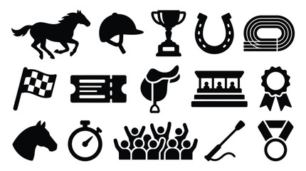 Obraz premium Collection of equestrian sport icons including horse, saddle, helmet, trophy, and racing elements.