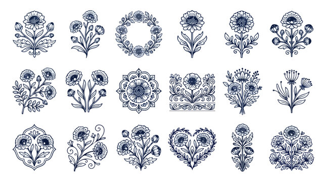 Vintage folk art floral elements, set of 18 blue botanical illustrations in traditional ethnic style, rustic flower motifs for wedding stationery