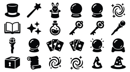 A collection of black magic and wizardry icons, including crystal balls, wands, spellbooks, and hats. © yuanita