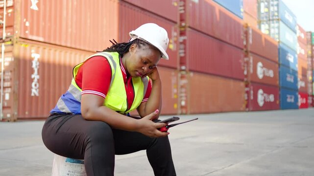 Exhausted African American female industrial logistics worker in a safety vest and hard hat sits in a cargo container yard, checking smartphone messages and taking a break from shipping operations.