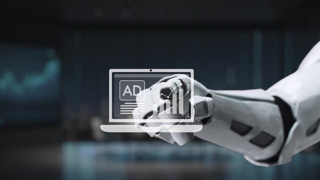 A robotic hand interacts with a laptop displaying marketing data and analytics icons, symbolizing the integration of technology and digital strategies in modern business. Synapse