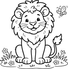 Obraz premium Smiling cartoon lion sitting on grass with flowers