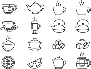 Obraz premium Vector set of black line tea icons featuring teapots teacups gaiwan sugar cubes lemon slice tea bag and kettle symbols