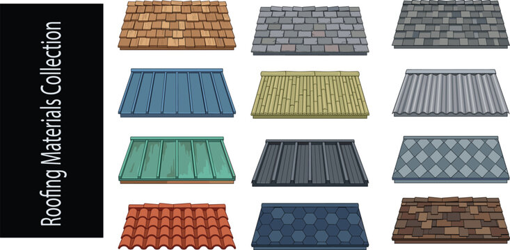 Roofing Materials Collection with Shingles Metal Tile and Panel Roof Vector SetRoofing Materials Collection with Shingles Metal Tile and Panel Roof Vector Set