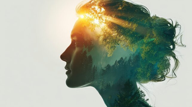 Silhouette profile of a woman with a forest landscape integrated into her head, sunlight shining
