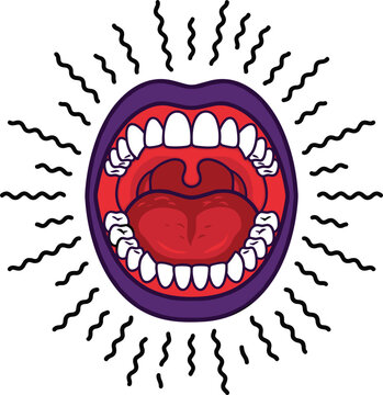 Open mouth vector illustration showing tongue teeth throat and tonsils surrounded by energetic radiating sound wave lines