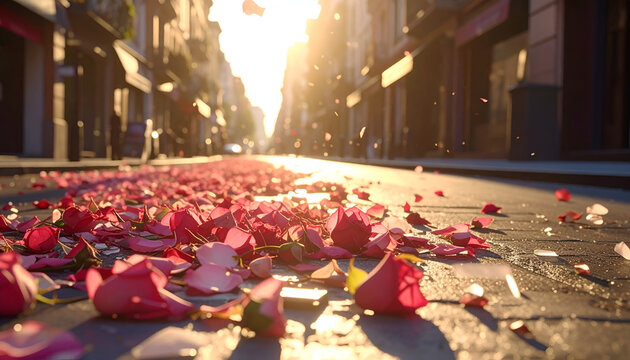 Romantic Rose Petals Scattered on City Street at Sunset