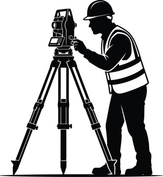 Professional civil engineer surveyor operating electronic total station theodolite on tripod at construction site vector illustration