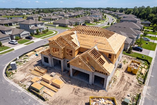 Aerial view of a new residential house under construction in a suburban neighborhood