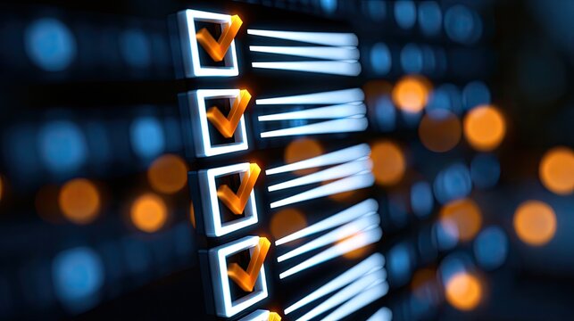 Glowing checklist with orange checkmarks on a dark, blurred background
