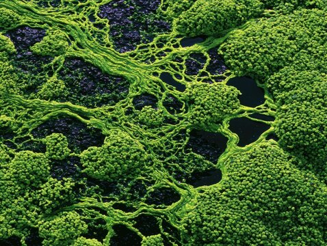 Vibrant green algae forms intricate, web-like patterns against dark water