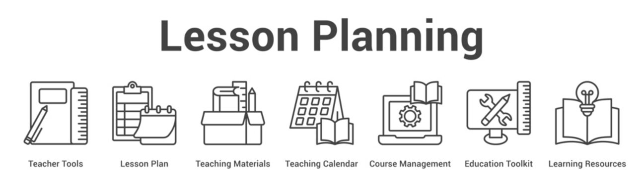 Lesson Planning web banner icon set vector illustration concept for business with icon of Teacher Tools, Lesson Plan, Teaching Materials, Teaching Calendar, Course Management, Education Toolk.