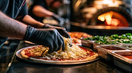 Obraz premium Hands in gloves top raw pizza with shredded cheese near fiery oven