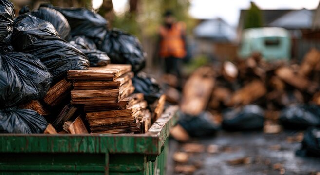 Piles of black trash bags and cut wood in a green bin with blurred background