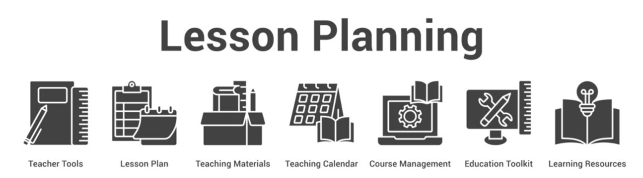 Lesson Planning web banner icon set vector illustration concept for business with icon of Teacher Tools, Lesson Plan, Teaching Materials, Teaching Calendar, Course Management, Education Toolk.