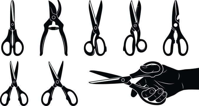 Various scissors and shears tool collection vector silhouettes including garden pruner kitchen clippers and hand cutting action