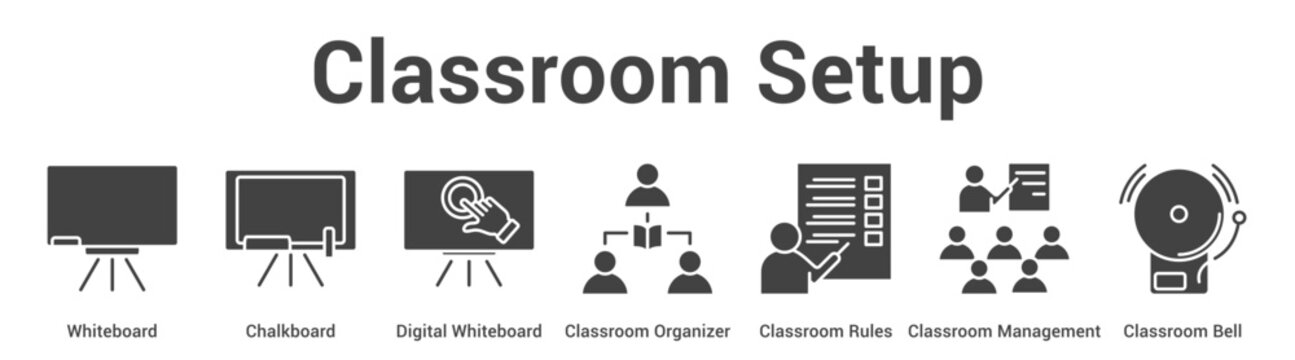 Classroom Setup web banner icon set vector illustration concept for business with icon of Whiteboard, Chalkboard, Digital Whiteboard, Classroom Organizer, Classroom Rules, Classroom Manageme.