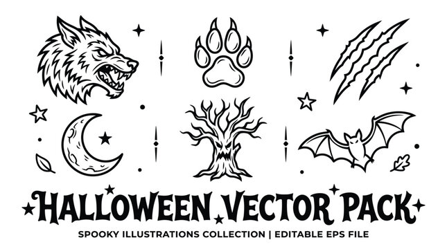 Halloween vector pack featuring spooky wolf head claw marks moon bat and scary haunted tree elements