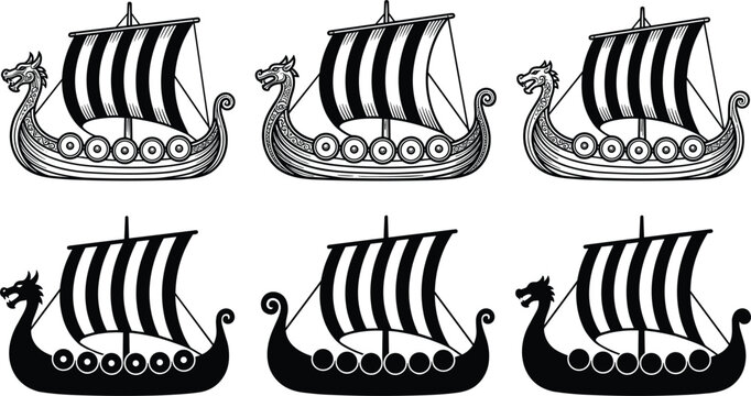 Viking drakkar longship ship collection featuring carved dragon bowheads striped sails shields wood engraving and silhouette styles