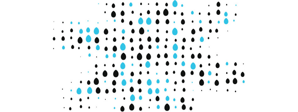 Abstract water drop halftone vector background with sky blue and black teardrop pattern for rain concept