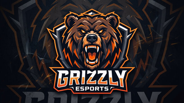 Fierce grizzly bear esports mascot logo with roaring expression, bold gaming emblem, modern vector style for teams and competitive branding