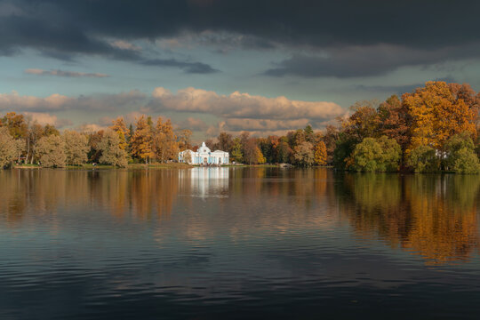 The Great Pond  and the Grotto Pavilion in the distance in the Catherine Park of Tsarskoye Selo on a sunny autumn day, Pushkin, Saint Petersburg, Russia