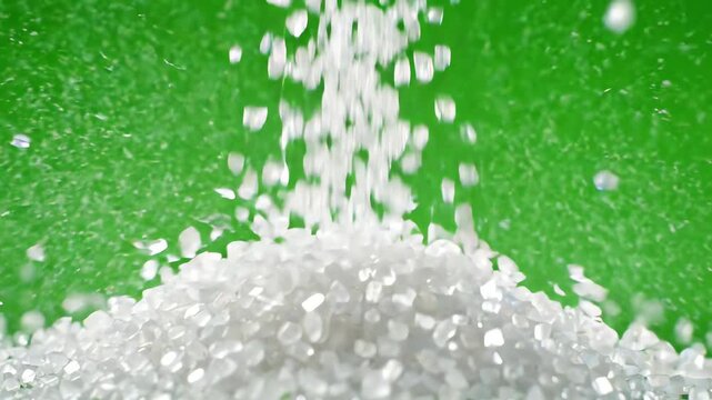 Realistic white salt particles falling and swirling in slow motion against a bright chroma key green screen background
