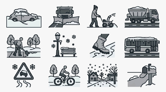 Corporate Winter Road Maintenance and Safety Set Monochrome Icons of Snow Removal Vehicles and Precautionary Measures