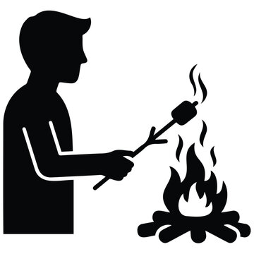 Person roasting marshmallow over bright campfire vector illustration black silhouette art.