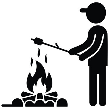Person roasting marshmallow over campfire vector illustration isolated on white background.
