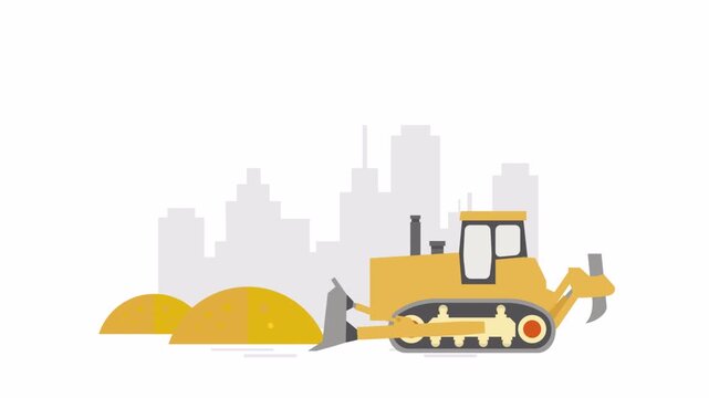 Yellow bulldozer construction vehicle pushing dirt pile with city skyline silhouette background.