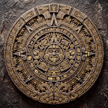 Complete Aztec sun stone calendar wheel carved in dark stone with gold details