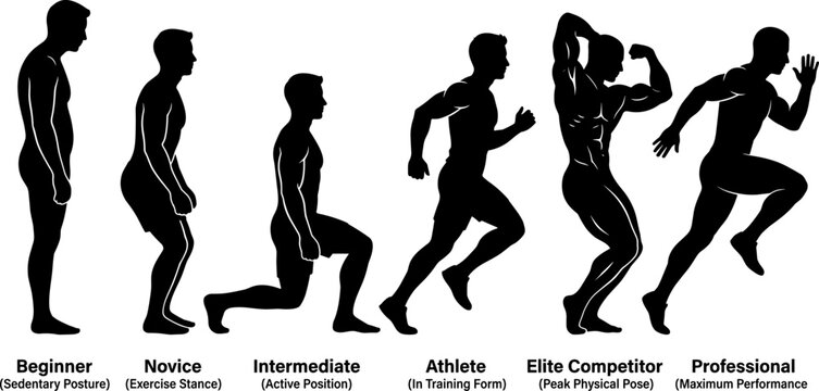 Evolution of fitness man silhouette stages from sedentary posture to professional athlete maximum performance