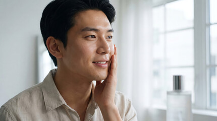 Obraz premium Young Asian Man Applying Skincare Product to His Face