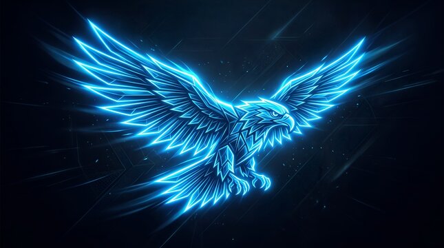 Glowing blue neon eagle flying with abstract geometric wing patterns