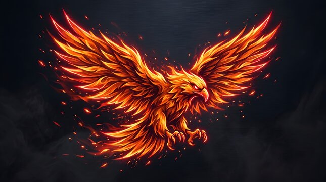 Majestic phoenix bird made of bright fire flames flying in dark sky