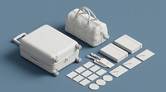 Minimalist white travel luggage set mockup, isometric suitcase and duffel bag collection, blank corporate identity branding stationery on blue background