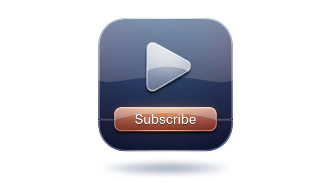 Glossy dark blue digital icon with a white play button and a copper subscribe button